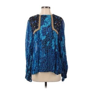 Blank London Anthropologie Blue Cheetah Blouse Size Small Pleated Puff Sleeve